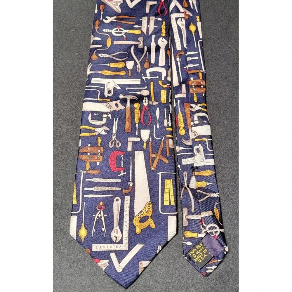 Navy Blue Mr Fix-It Handy Man Tools Construction Theme Mens Silk Necktie Alynn